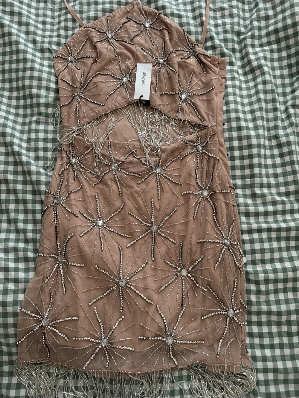 Nasty Gal Blush Beaded Fringe Mini Dress